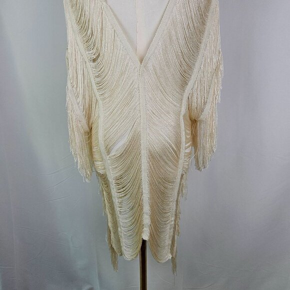 Trending Fringe Layered Ivory Sheer Open Front Kimono Shawl Cover Up Top Sexy - Picture 7 of 10